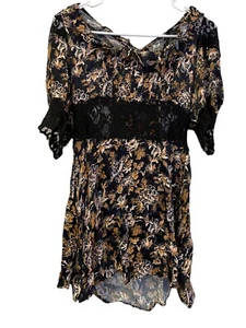 Free People Damen Kleid Schwarz Braun Geblümt Gr. 4 Kurzarm Spitze Viskose Neu - Bild 1 von 6