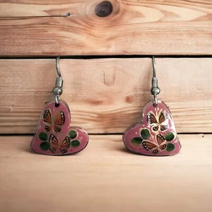 Handmade Mexican Copper Heart Earrings - Hand Painted - Picture 1 of 4