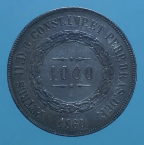 BRASILE PEDRO II 1000 REIS 1860 COIN SILVER MONETE DA COLLEZIONE NUMISMATICA - Imagen 1 de 2
