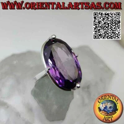 Anello in Argento 925‰ grande zircone bianco incastonato ovale su montatura semp - Immagine 1 di 4