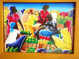 Fine Art Painting Acrylic on Board ''BAZAAR'' by Artist C.V., HAITI - Picture 1 of 5