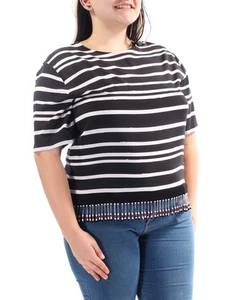 DKNY Womens White Beaded Fringe Striped Short Sleeve Jewel Neck Tunic Top S - Picture 1 of 3