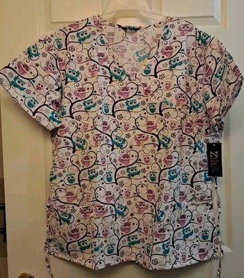 NWT ZIKIT Womens Medical Scrub Top Sz 2X Lavender/Purple Owls White Background  - Image 1 of 4