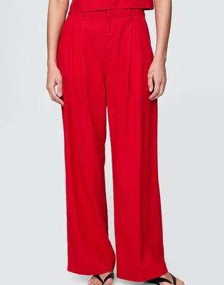 Gap 女式 365 高腰打褶宽腿亚麻混纺红色裤子,尺寸 2 全新带标签 — 第 1/4 张图片