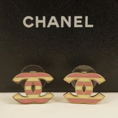 Chanel A13 Pink & White Enamel Striped Earrings - Free Shipping USA - Image 1 of 4