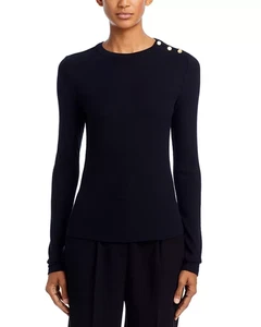 Camiseta para mujer FRAME a rayas acanalada botón dorado cuello redondo pequeña negra - Imagen 1 de 12