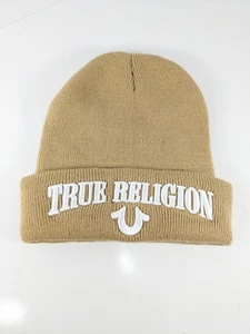 True Religion Tan Knit Beanie Hat Unisex Winter Cuffed Cap Designer Street New - Picture 1 of 3