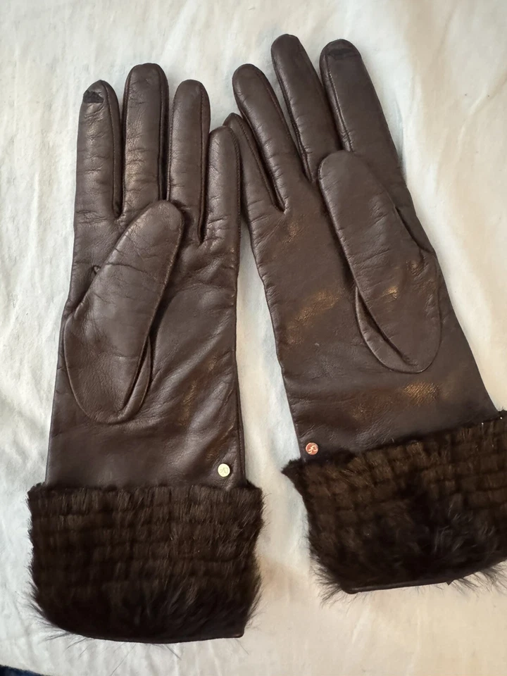 $248 Diane von Furstenberg Elegantes Guantes de Cuero Marrón con Borde de Piel Talla 7 Foto 1 de 4