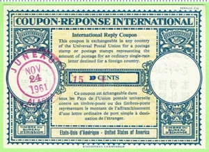 USA IRC International Reply Coupon 13 Cents Revalued to 15 Cents, Nov 24 1961 - Picture 1 of 1