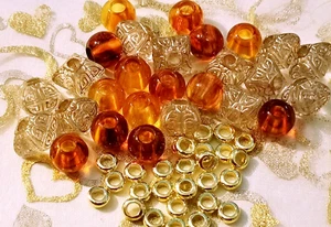 65 Acrylic Round Amber & Gold lacedRhombus Spacer beads & alloy spacers*4mm hole - Picture 1 of 2