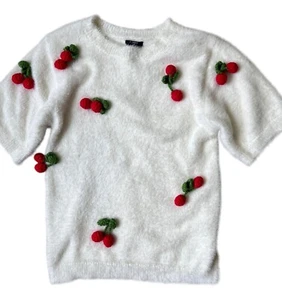 Forever 21 Sweater Girls Youth 13/14 NWT Ivory Fuzzy Embellished Cherries Cottag - Picture 1 of 8