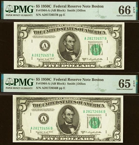 1950C $5 Federal Reserve Note PMG 66EPQ 2 consecutive Boston Fr 1964-A - Picture 1 of 5