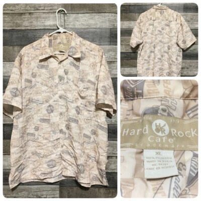 Hard Rock Cafe Hawaiian Shirt Men’s XL Cream Tan Polyester All Over Print - Image 1 of 4