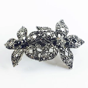 USA BARRETTE Rhinestone Crystal Hairpin Claw Clip Metal Vintage Flower Silver 11 - Picture 1 of 4