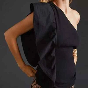 Anthropologie NWT One Shoulder Ruffled Sleeveless Tank Blouse Black Medium - Picture 1 of 5