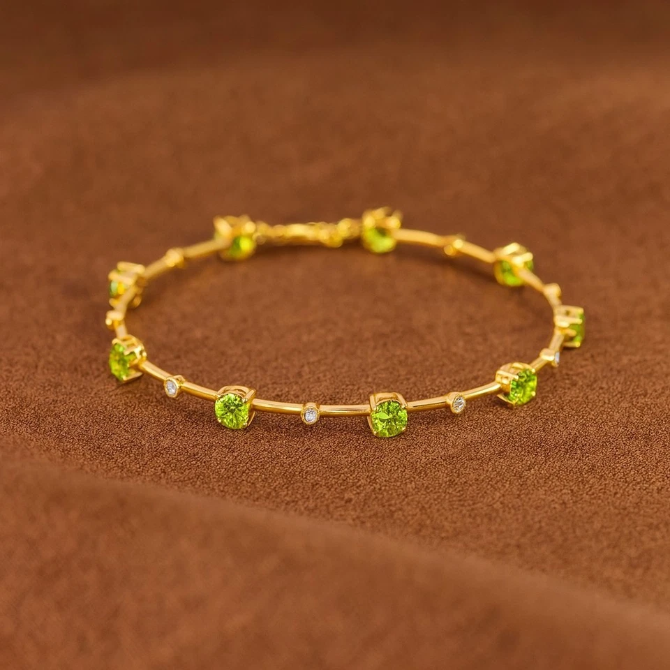 Natural Peridot and Diamond Bracelet 14K Solid Gold – August Birthstone # 1008 - Image 1 of 1
