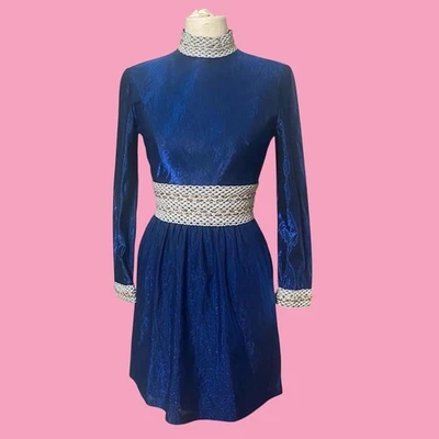 Vintage 70s Blue Metallic Long Sleeve Mod  Mini Dress  - Image 1 of 4
