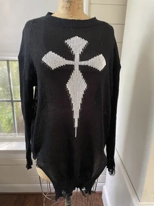 Goth Cross Pattern Drop Shoulder Distressed Sweater Black & White Women’s Medium - Bild 1 von 6
