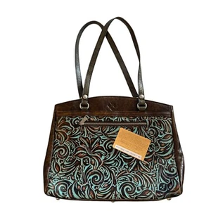 Patricia Nash Poppy Top Zip Tote Turquoise Embossed Leather Floral Design 14x10 - Picture 1 of 24