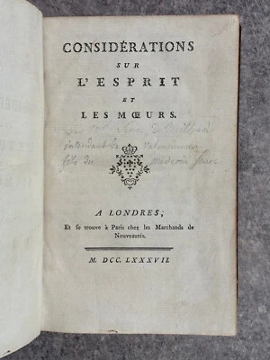 SÉNAC DE MEILHAN Gabriel  CONSIDÉRATIONS SUR L’ESPRIT ET LES MOEURS Londres 1787 - Photo 1/4