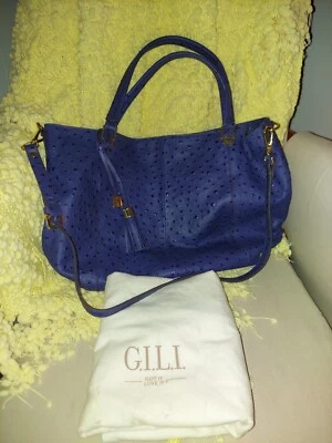 Кожаная сумка-тоут G.I.L.I Got It Love It с плечевым ремнем темно-синяя страусиная новая без ценников - Изображение 1 из 4