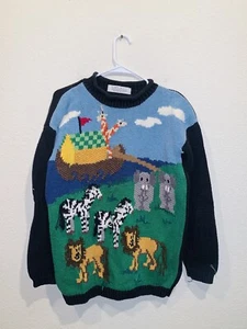 Karen Scott Hand Knit Sweater Noah’s Arc Animal Zebra Lions Rare Rough Vintage - Picture 1 of 8