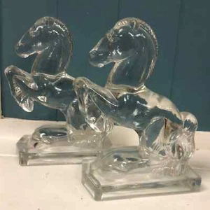 L.E. Smith pair of Glass Horse Bookends Set Of 2 Heavy Clear Glass Vintage - Picture 1 of 7