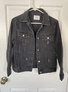 Zara Kids Black Denim Jacket Size 11/12 Distressed Look Cotton Button Closure - Picture 1 of 8