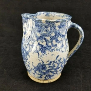 Conner Prairie Indiana Blue Spongeware Pottery Small 4 3/4" Tall Pitcher 1982  - Picture 1 of 8