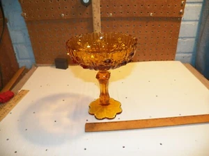 Vintage FENTON Amber Glass Cabbage Rose Pattern Pedestal Compote Bowl - Picture 1 of 6