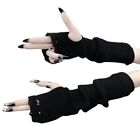 Women Gothic Punk Knit Black Fingerless Gloves Ripped Hole Mittens Arm Warmers
