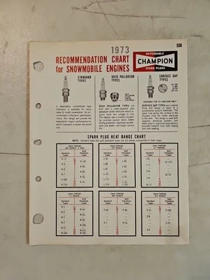 Vintage 1973 Champion Spark Plugs Recommendation Chart for Snowmobile Engines - Image 1 of 4