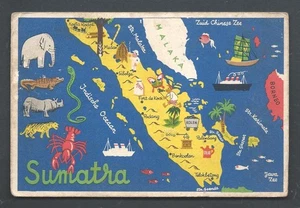 Sumatra Map postcard Elephant Crocodile Rhino Tiger Snake Lobster Indonesia 40s - Picture 1 of 1