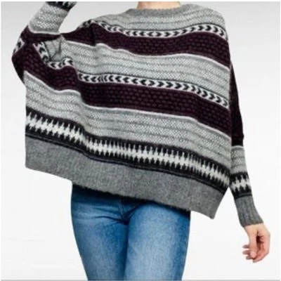 Willow & Clay Gray Maroon Fuzzy Wool Fair Isle Ethnic S Oversized Sweater NWT  - Image 1 of 4