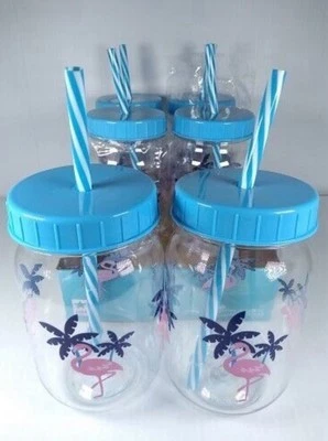 6 Summer Sun & Sip Mason Jar 24oz Acrylic Custom Tumbler Cup Plastic flamingo - Image 1 of 3