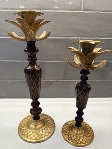 Pair Vintage Metal Brass Wood Palm Tree Candle Holders Tropical decor INDIA - Picture 1 of 8