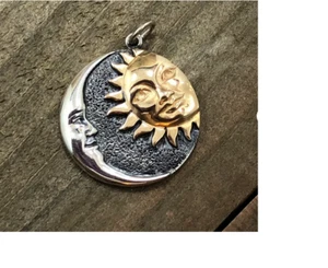CRESCENT MOON GOLD SUN Pendant Charm GERMAN Silver 24" Necklace Men Women Gift - Picture 1 of 5