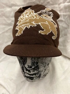 RASTA BROWN KNITTED HAT WITH PEAK & LION OF JUDAH KNITTED DESIGN - 12" LENGTH - Picture 1 of 3