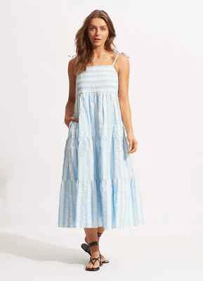 Seafolly Australia Cabana Tier Maxi Polvo Azul Blanco Rayas Calce Suelto Talla XL Foto 1 de 4