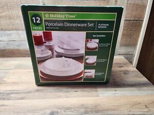 Holiday Time 12-Piece Porcelain Dinnerware Set Platinum Banded - New, Ships Free