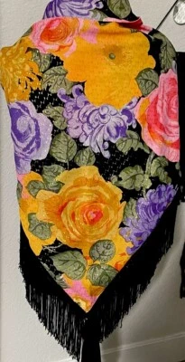 Винтажный настоящий цыганский яркий смелый цветочный золотой металлик 6 дюймов шарф с бахромой 70-х - Изображение 1 из 4
