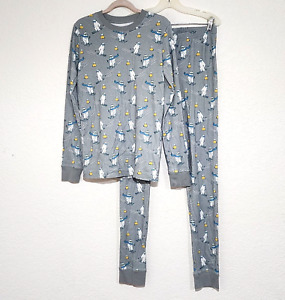 LL Bean Kids Organic Cotton 2 Pc Pajamas Set PJS Size 16 Gray Polar Bears Skiing