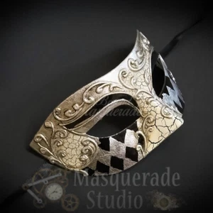 Mens Harlequin Print Half Face Eye Mask Venetian Masquerade Mask [Silver] - Picture 1 of 4