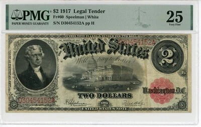 1917 $2 Legal Tender Note Fr.60 Speelman|White 25 PMG 1999911-002 S/N D30454152A - Image 1 of 2
