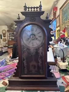Antique E.N. Welch Wood Parlor Winding Clock 1880s 22” X 12” (No Key) - Imagen 1 de 23