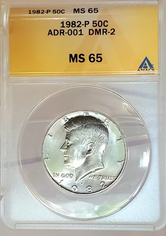 1982-P ADR-001 DMR-2 No "FG" 50C Kennedy Half Dollar ANACS MS 65 GEM Cover