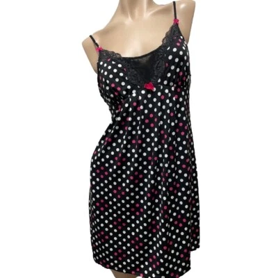 NUEVO CON ETIQUETAS $69 Betsey Johnson Chemise Camisón Elástico MEDIANO Negro con Lunares Rosa/Blanco Foto 1 de 4