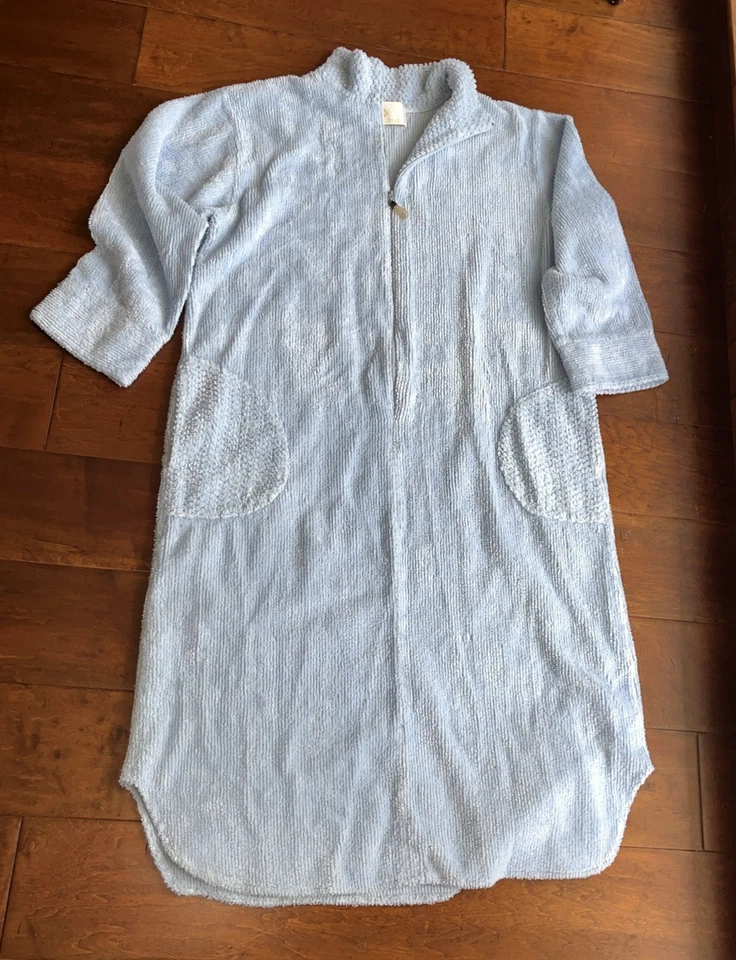 Stan Herman Vintage Womens Robe Light Blue L Chenille  Cotton Blend Half Zipper - Image 1 of 4