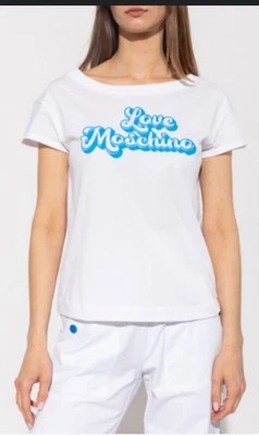 Love Moschino 100% Cotton Crop Logo T-Shirt Wide Neck Collar Blue White Size 6 - Image 1 of 4
