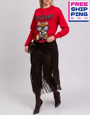 RRP €345 MOSCHINO COUTURE! Wool Jumper Size 2XS Bear Intarsia Red Crew Neck - Image 1 of 4